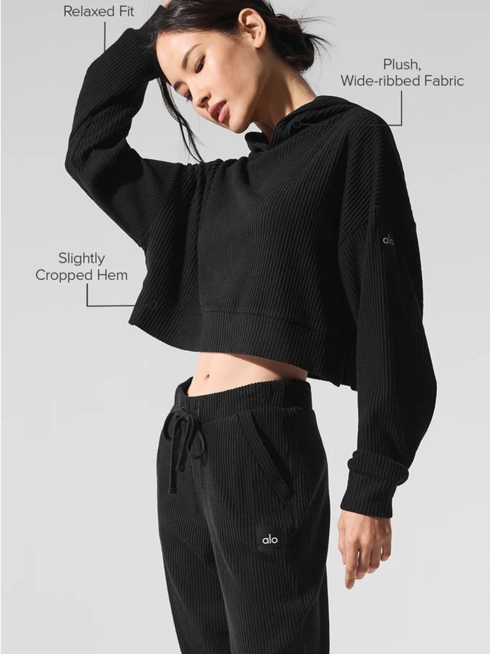 ALO Yoga Women's Plush Ribbed Cropped Hoodie and pants - Black- SET
